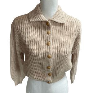 Vintage Women's Cream Collared Button Up Waffle Knit Cardigan Sweater Sz Medium